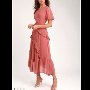 Next to You Rusty Rose Swiss Dot Ruffled Midi Dress, size xs, only worn once